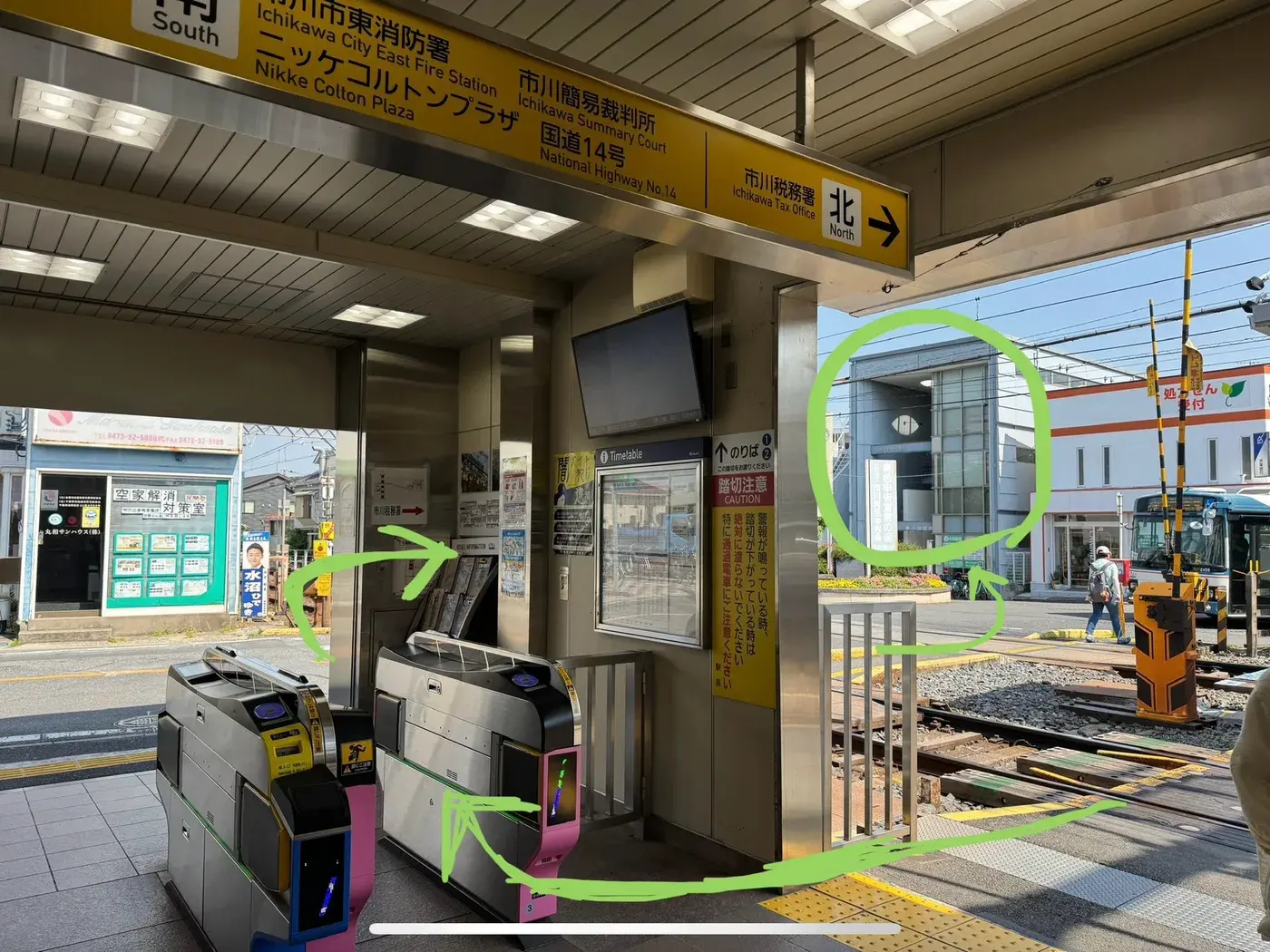 鬼越駅の改札からyueclinicのビルが見える写真
